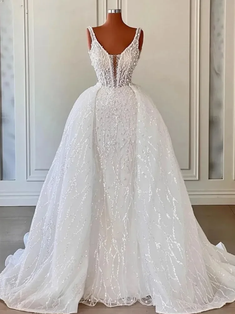 Vestidos De Novia De sirena blanca para mujer, vestido De Novia De lujo con capa De espagueti, Vestidos De compromiso brillantes