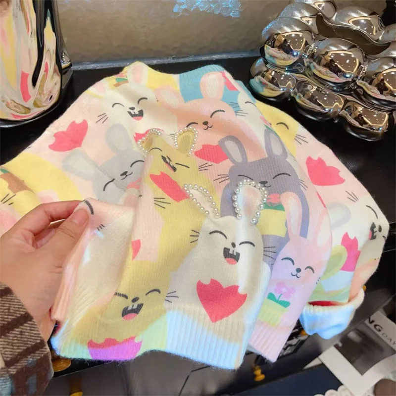 

New Product2025Girls Sweet Cartoon Rabbit Cute Pearl Pullover Children's Sweater for Toddlers and Young Girls Autumn Winter Knit