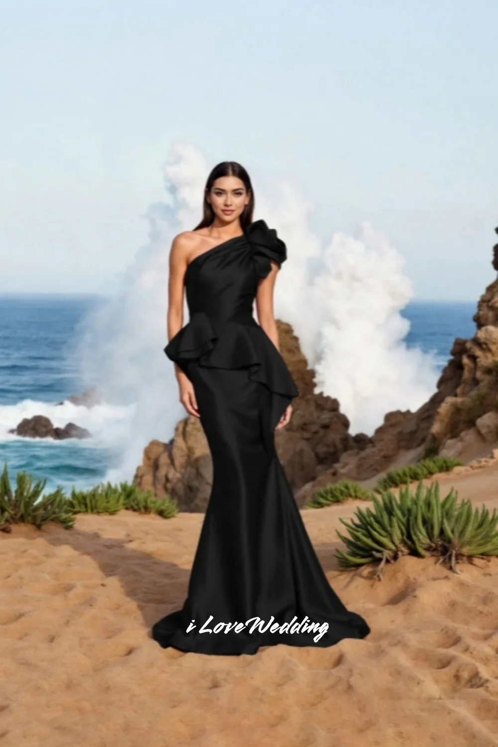 Rote One-Shoulder-Abendkleider 2025, Satin, ärmellos, Blumenrüschen, plissiert, Meerjungfrau, Sweep-Zug, Hochzeitskleid, individuell gestaltet