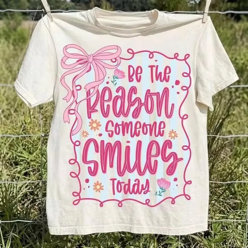 Cute Coquette Pink Ribbon Bow Graphic Tee Be The Reason Someone Smiles Today Positive Quote Striped T-Shirt Sweet Aesthetic Casual Lounge Top