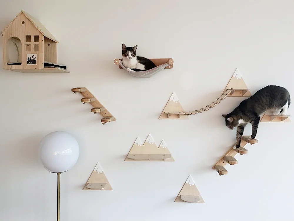 Cat Wall Mounted Climbing Wood Furniture Stairway with Hammock Cats Platform and Scratching Post for Kitten Playing and Rest