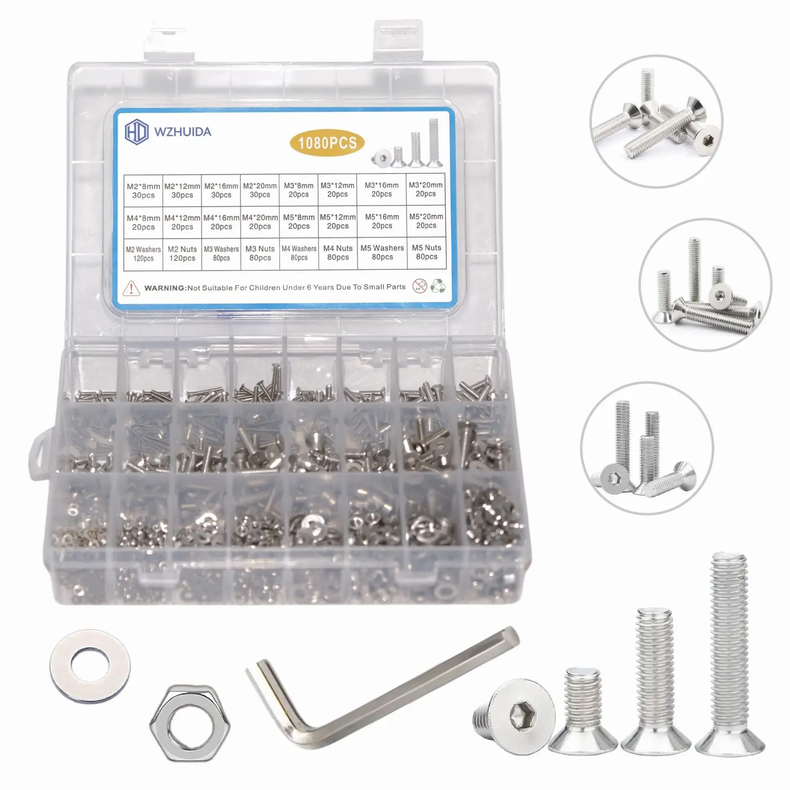 

1080Pcs M2 M3 M4 M5 Screw Assortment, Metric Flat Countersunk Head Socket Cap Bolts, Stainless Steel Screws Nuts and Washers