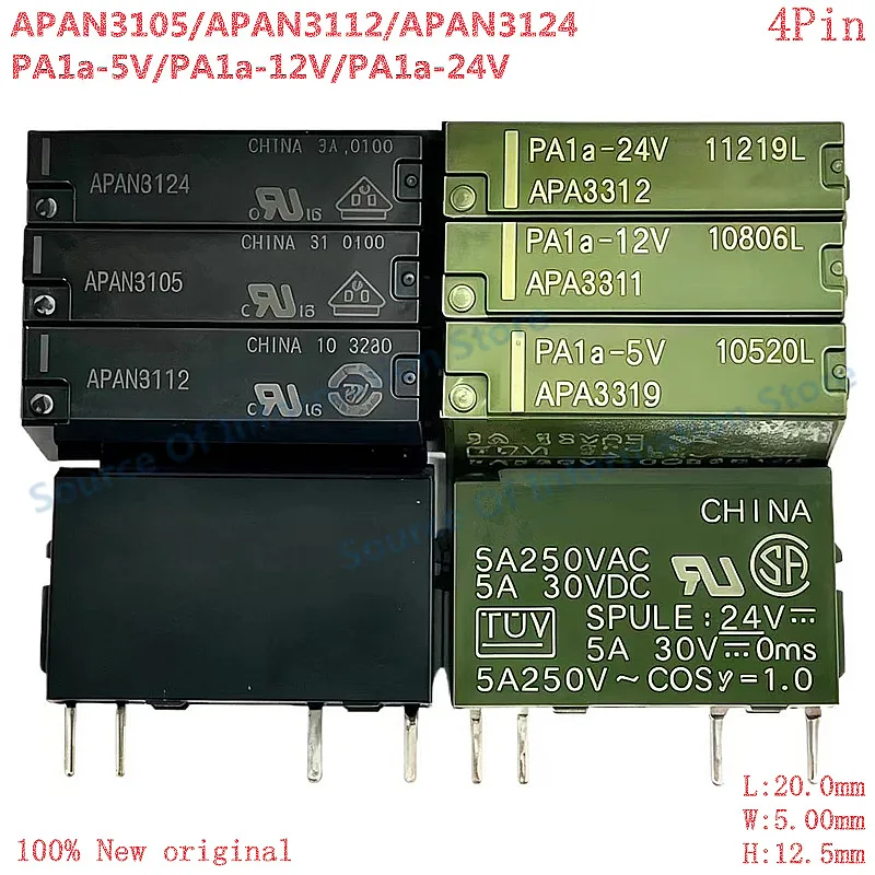 5Pcs PA1A-5V-12V-24V Power Relay APAN3105/APAN3112/APAN3124 4Pin 5A 100% New