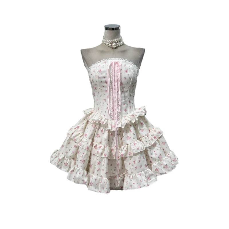 French fashion ribbon floral girl series cake strapless dress paired with pumpkin shorts in the same color