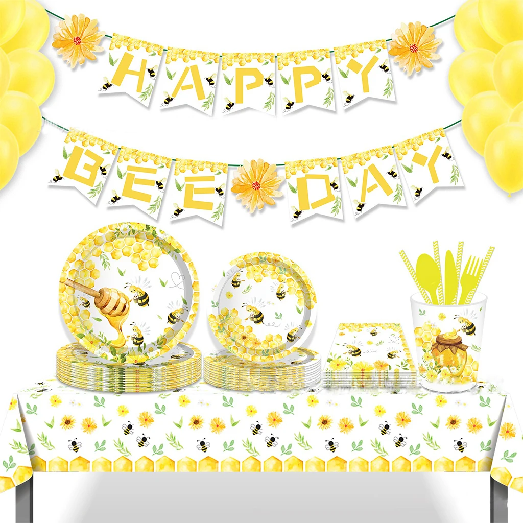 8Guests Yellow Bee Disposable Tableware Honey Plates Napkin Happy Bee Day Sweet Honey Theme Kids Birthday Party Decor