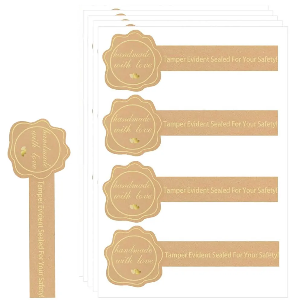 80Pcs Kraft Gold Foil Made with Love Tamper Proof Stickers, Handmade with Love Tamper Evident Stickers Baked Goods Packaging