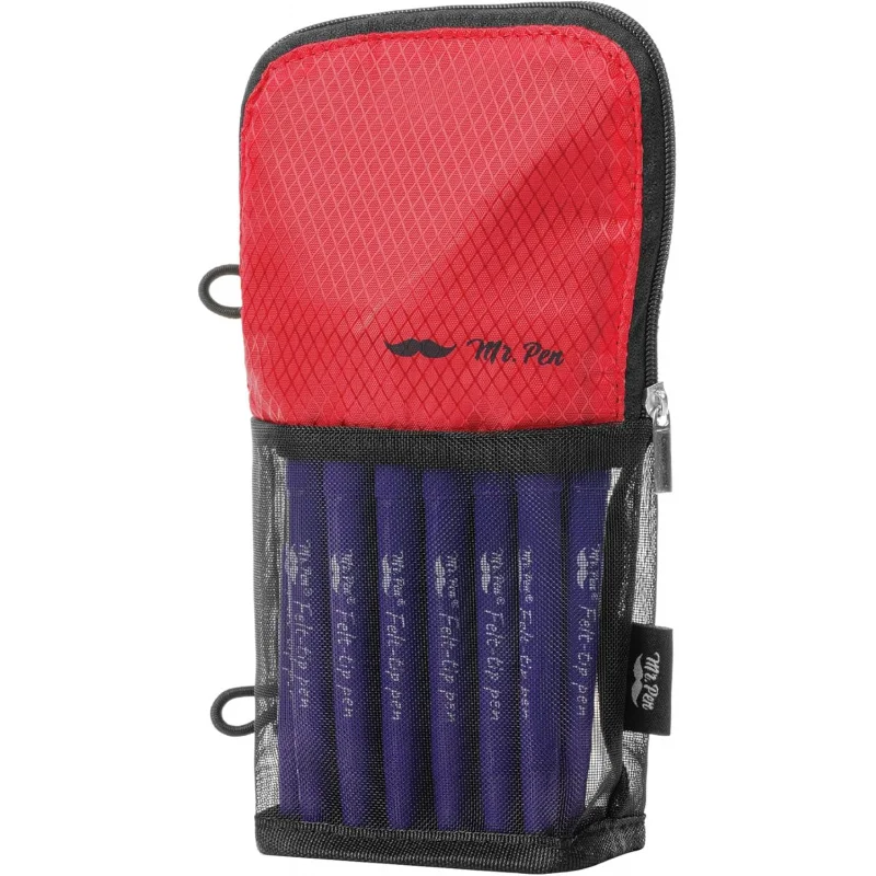 Standing Pencil Pouch, Sit & Lay Mesh-View Design, Black & Red, Interior Pocket & 2 Elastic Binder Loops, Cute Pencil