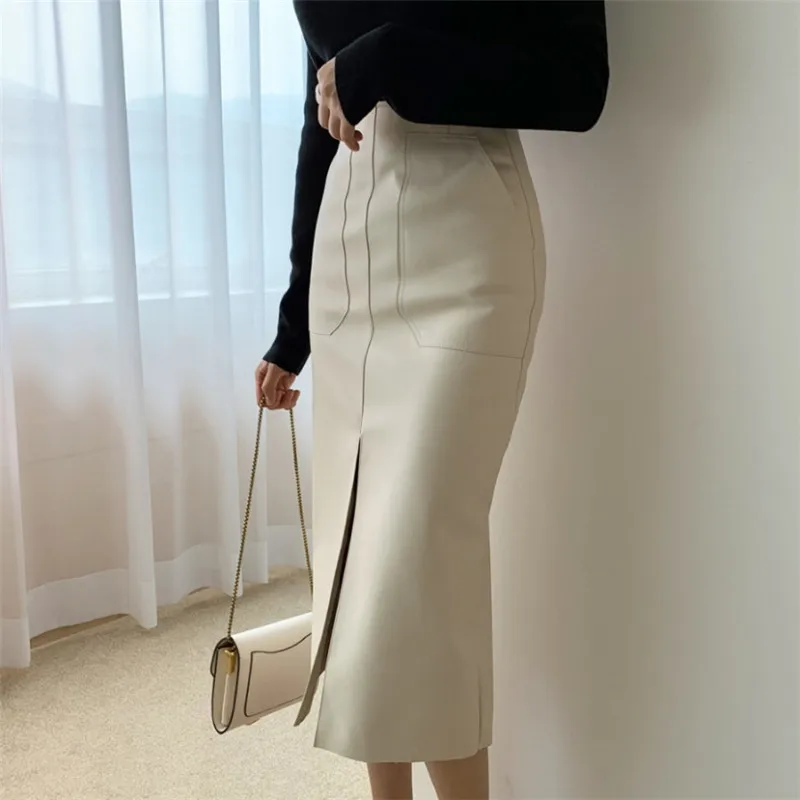 Women Sexy Package Hip Front Split PU Leather Skirts High Waist Skirt Female Pockets New 2021 Spring Zipper Midi Pencil Skirts