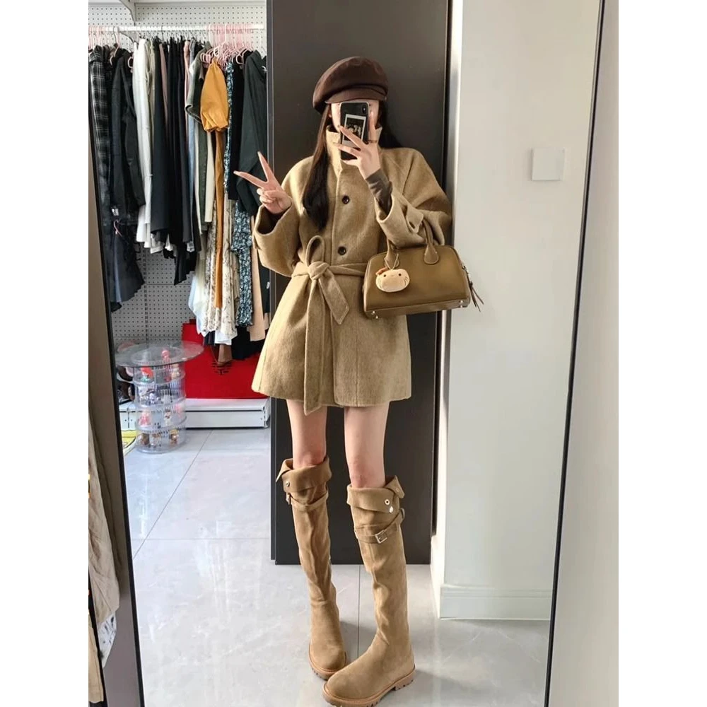 Kaki Color Woolen Coat Women's Short Style Korean System Autumn Winter New Arrival Fashion Sensation Thickened Ultra Short Model