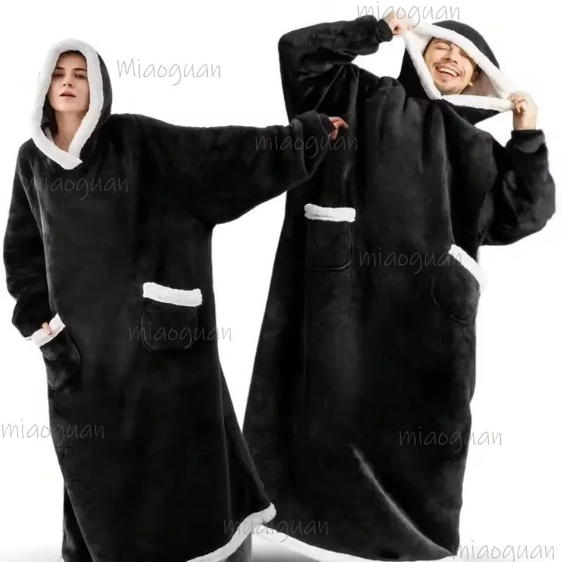 Comfort Super Long Flannel Blanket Men Pyjamas with Sleeves Winter Hoodies Sweatshirt Women Pullover Fleece Giant Home Cloths