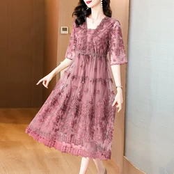2024 Summer Floral Loose 4XL Plus Size Mulberry Silk Dress Vintage Casual Chiffon Midi Dress Women Elegant Bodycon Party Vestido