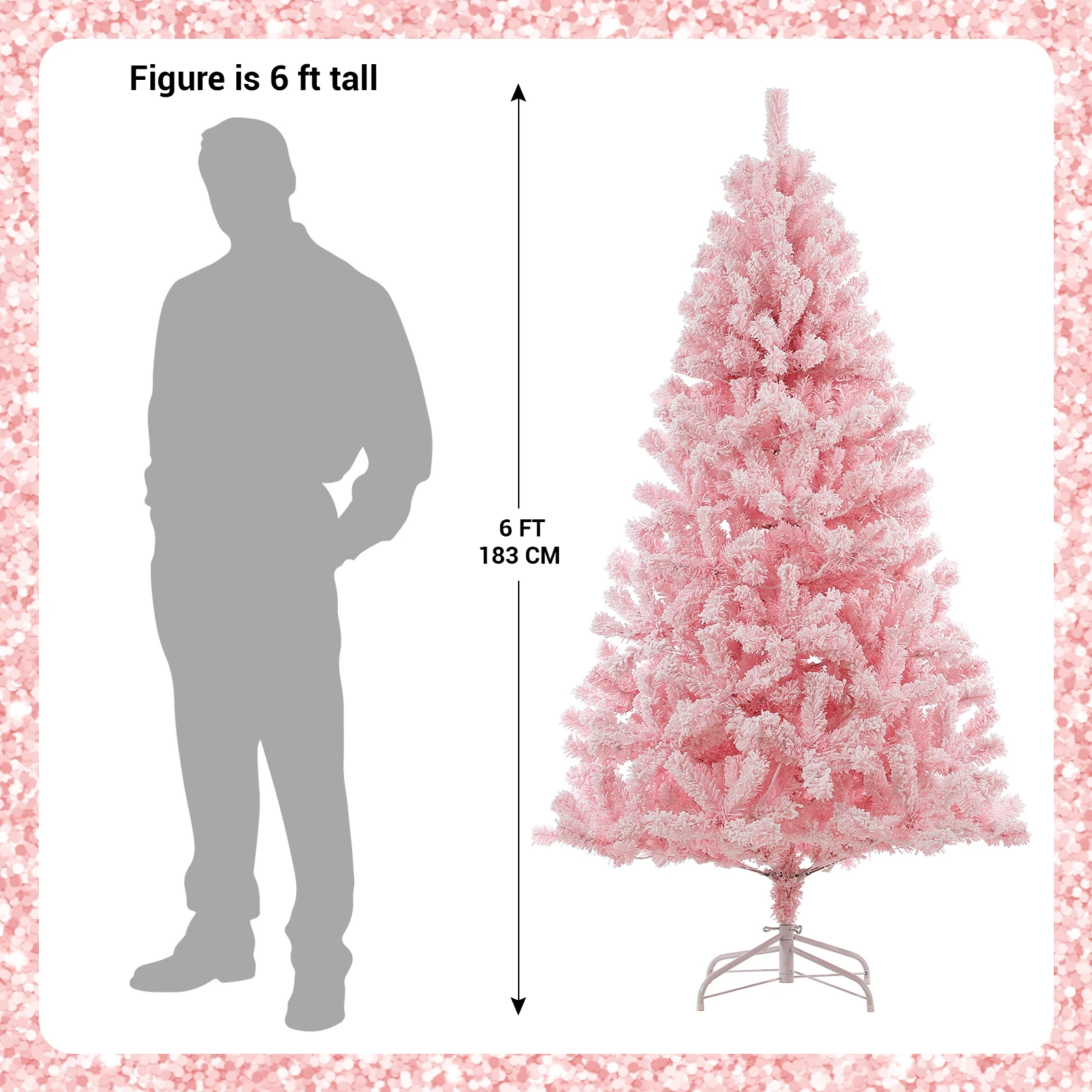 6Ft Pink Pre-lit Christmas Tree, Snow Flocked Artificial Xmas Tree with 250 Multi Color LED Lights 751 Branch Tips and Foldable