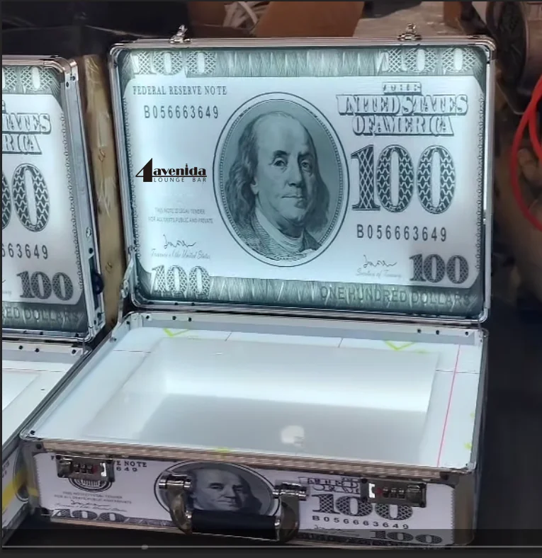 Glowing USD Money Pattern LED Display Suitcase, Custom Logo Acrylic VIP Bottle Box for Bar Night Club