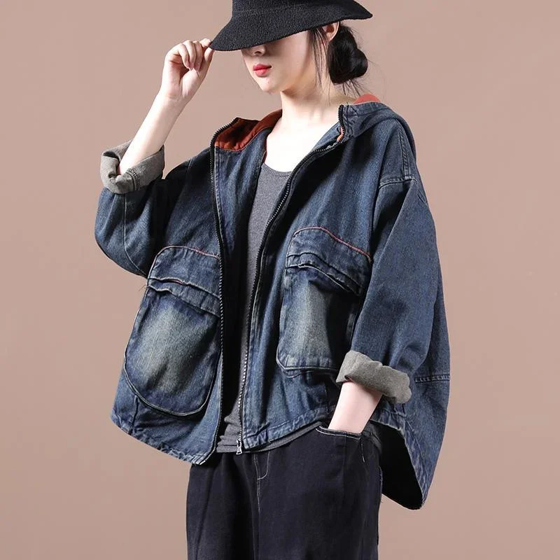 Pop Pop Women Spring Autumn New Literary Hooded Stitching Denim Jacket Cardigan Female 2022 Spring Summer Loose Leisure Short Co