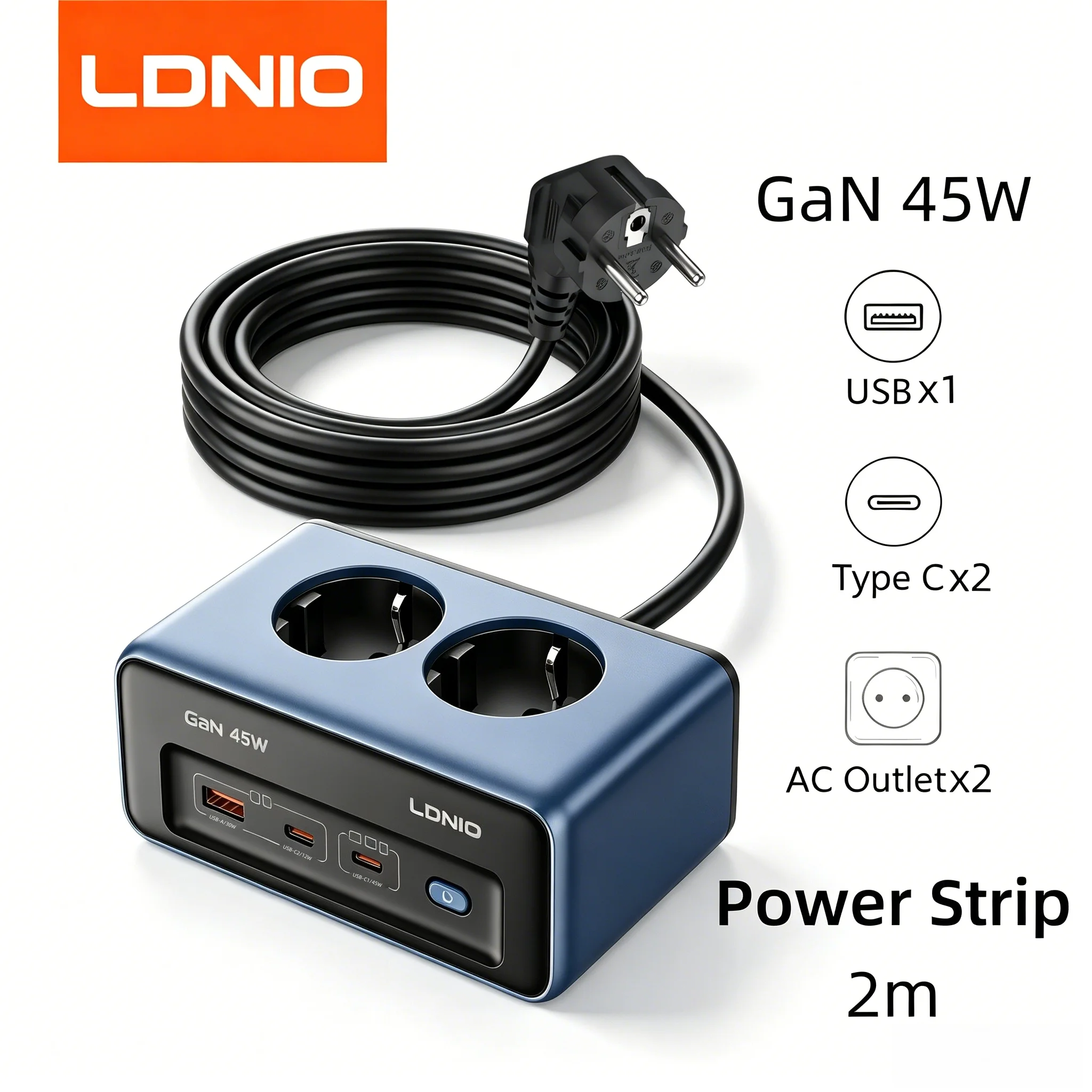 LDNIO 45W Fast Charger Cube Power Strip with Type-C 2M Extension Cord 2 AC USB Adapter EU/Kr Plug Charging Station