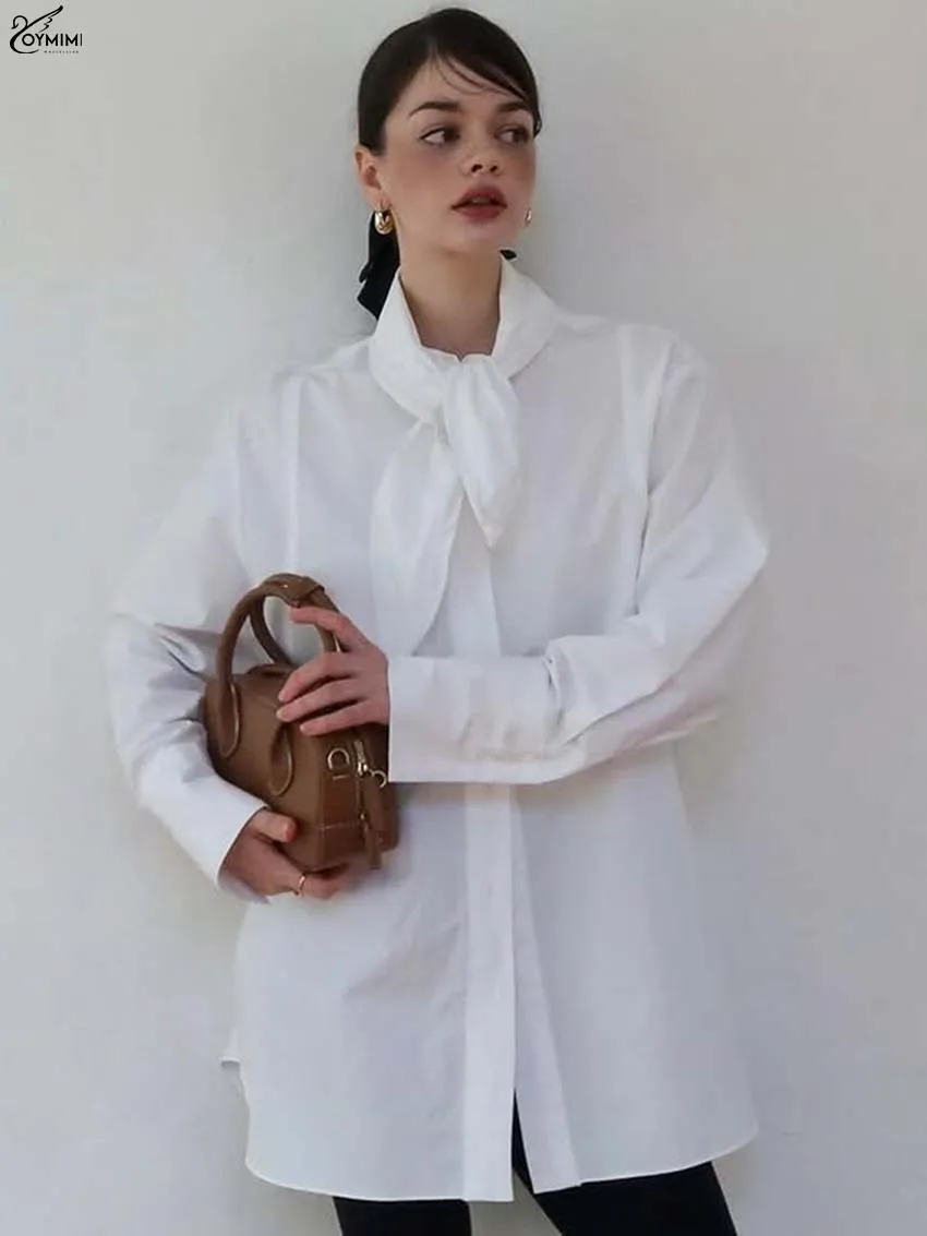

Oymimi Fashion White Cotton Women's Shirt Elegant Turn-Down Collar Long Sleeve Lace-Up Shirts Casual New Single Breasted Shirts