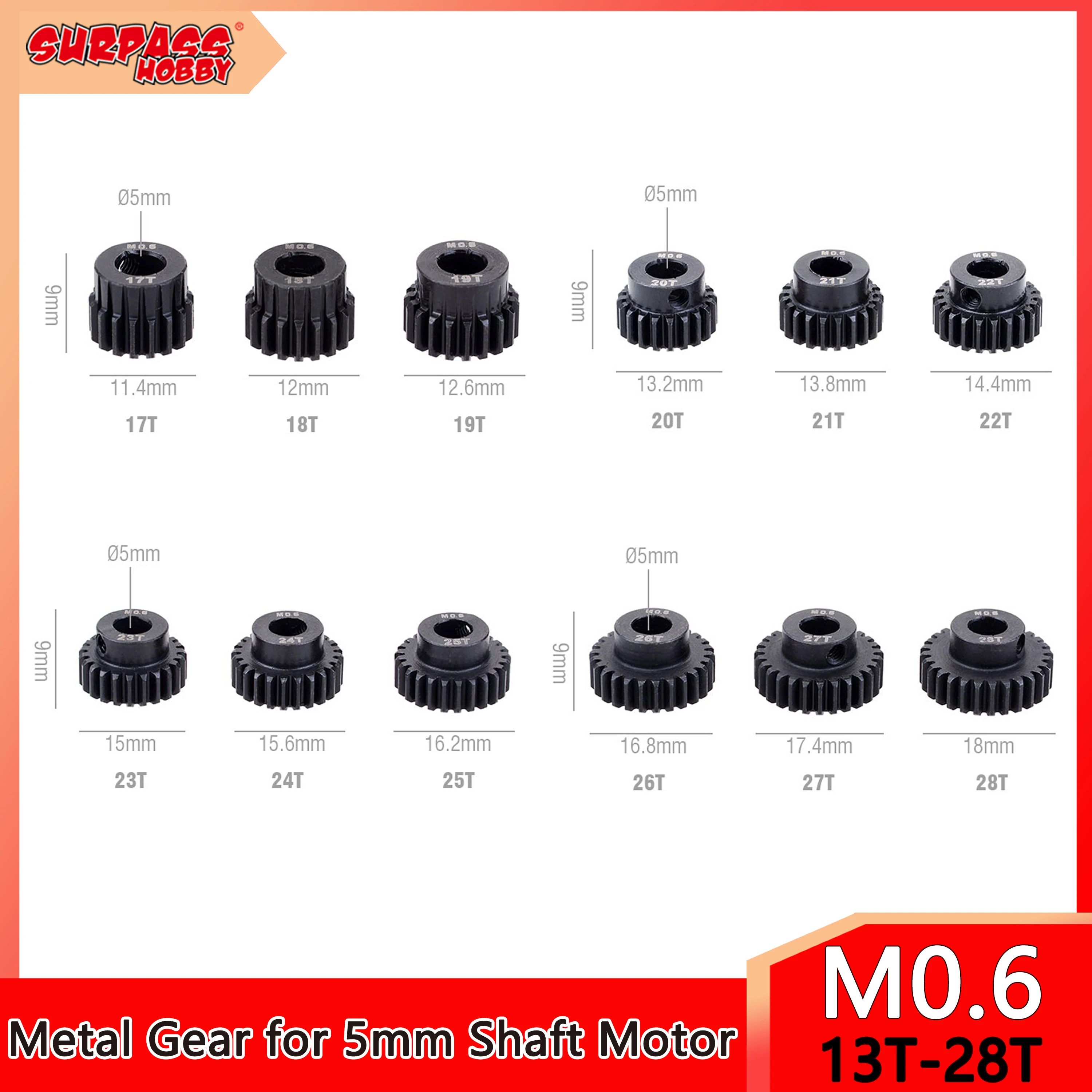 SURPASS HOBBY 17T 18T 19T 20T 21T 22T 23T 24T 25T 26T 27T 28T 5mm M0.6 Metal Pinion Steel Motor Gear for 1/10 RC Car Model Parts