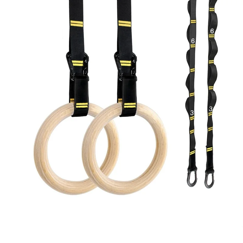 28mm 32mm Pull-up Gymnastics Rings Hanging Non-Slip Wooden Ring with Adjustable Straps for Home Fitness Portable Gym Equipments