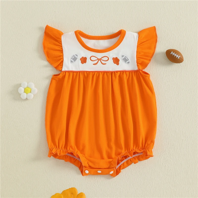 

Baby Girl Summer Overalls Romper Casual Fly Sleeve Round Neck Bow Rugby Embroidery Jumpsuit Fashion Infant Newborn Clothes
