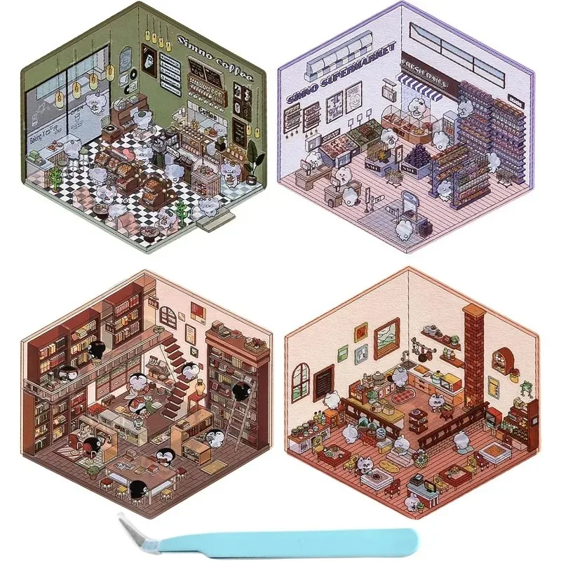 

For New 4 Sets 3D House Stickers, Fun Stickers Scene Make Your Own Supermarket|Coffee Shop|Restaurant|Bookstore