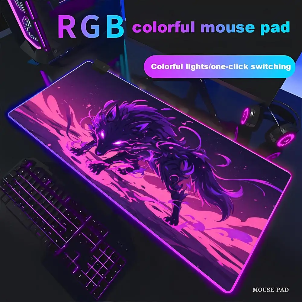 RGB Fantasy Dark Wolf Gaming Mouse Pad,Dark Fantasy Animal Design Large Desk Mat Gothic Monster Beast Extended Mousepad XAXC