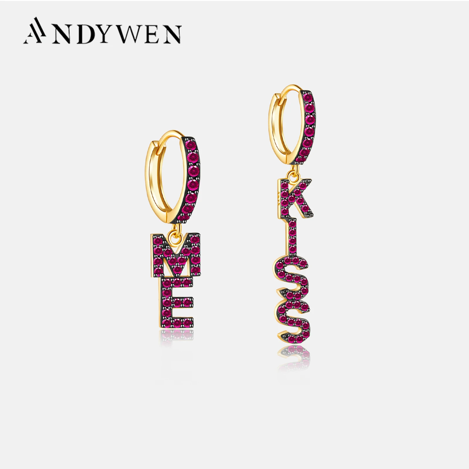 

ANDYWEN 925 пробы серебряные, золотые, черные, розовые, красные буквы Kiss Me Drop серьга в виде Клипсы Серьги для пирсинга, ювелирные изделия в подарок, рок, панк