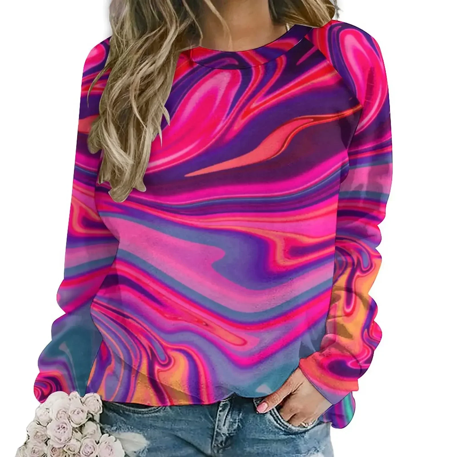 

Neon Liquid Hoodies Female Long Sleeve Marble Abstract Print Aesthetic Casual Hoodie Winter Classic Oversized Design Sweatshirts