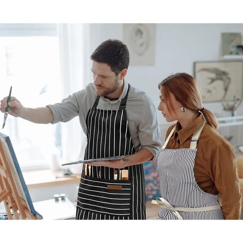 

2 Pack Cooking Aprons for Women with Pockets Adjustable Kitchen Bib Aprons for Women Men Chef, Black/White Stripe
