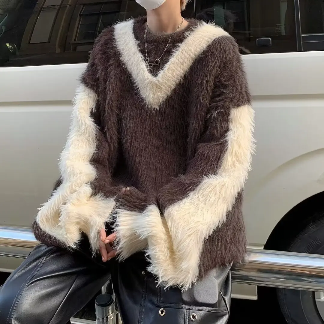 

Loose Fit Men's Knitted Sweater Large Size 250 Pou V-Ne Lazy Sle Fake Fur Autumn Winter Faion Casual Outerwear