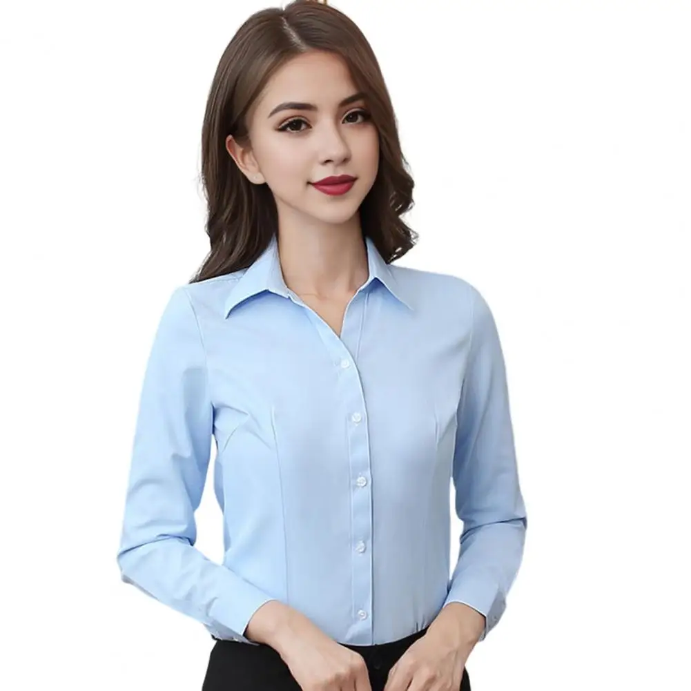 Camisa feminina de manga comprida com gola lapela elástica, top elegante, desgaste do escritório, monocromática para trabalho, profissional