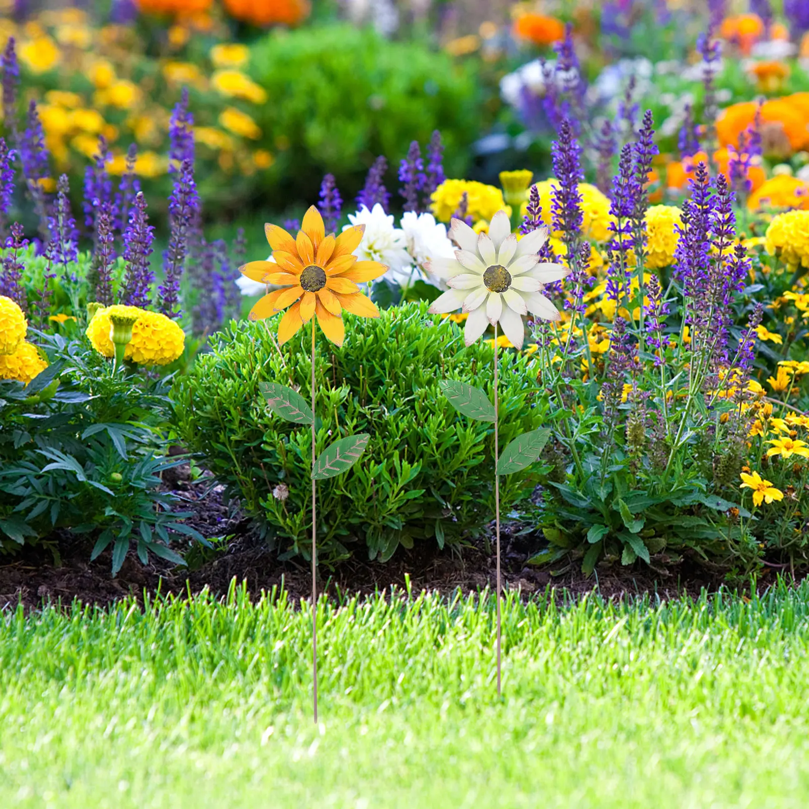 Maceta de hierro para manualidades, 2 uds., flores de Metal, decoración exterior para camino de jardín, decoración de césped, estaca de patio de primavera