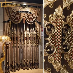 European Coffee Color Chenille Hollow Out Embroidered Curtains for Screen Living Room Bedroom Villa High Window Customized