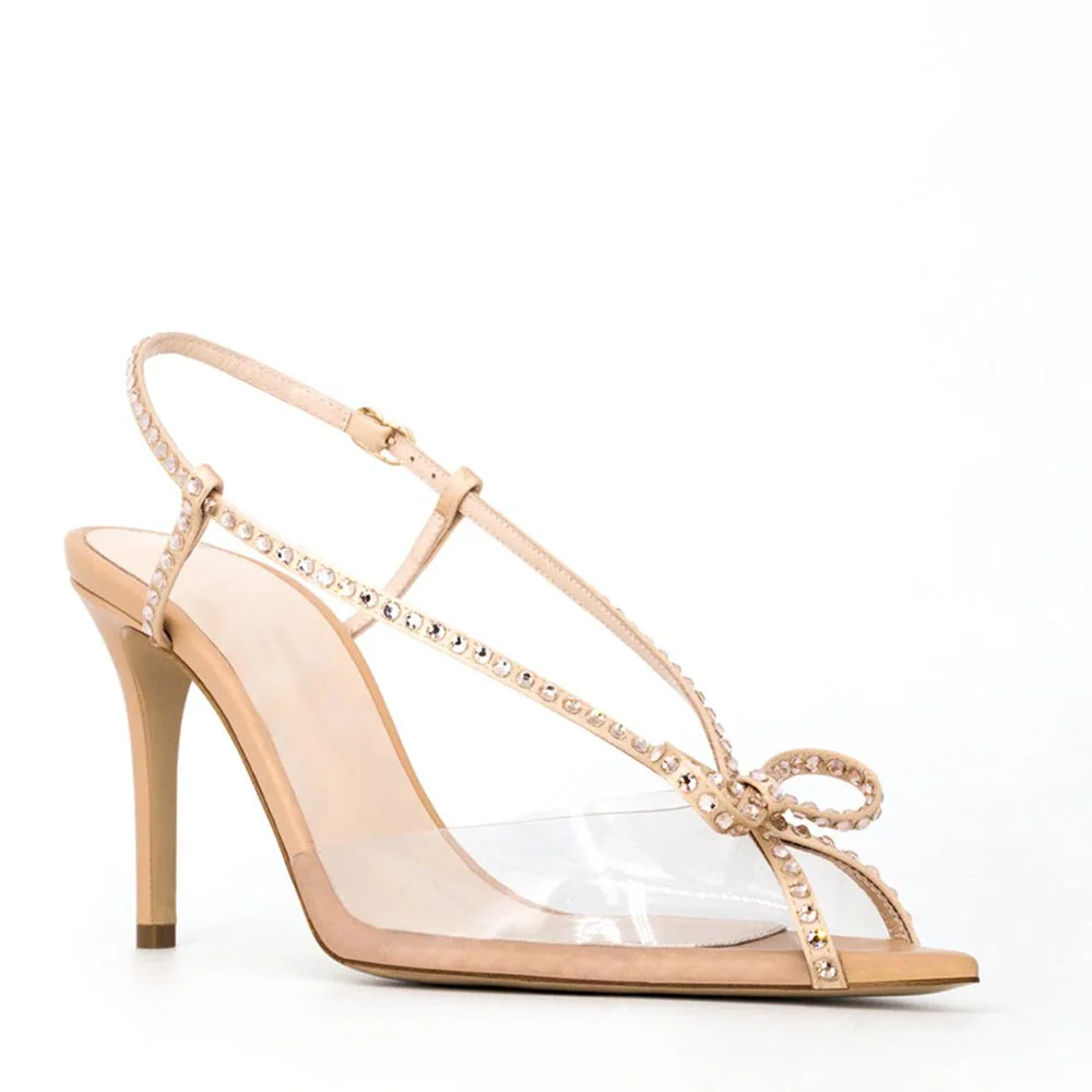 

PVC Rhinestone Bow Pointed Toe Sandals Back Strap Stiletto Large Size High Heels Sexy Banquet Party Women Shoes Sandalias Mujer