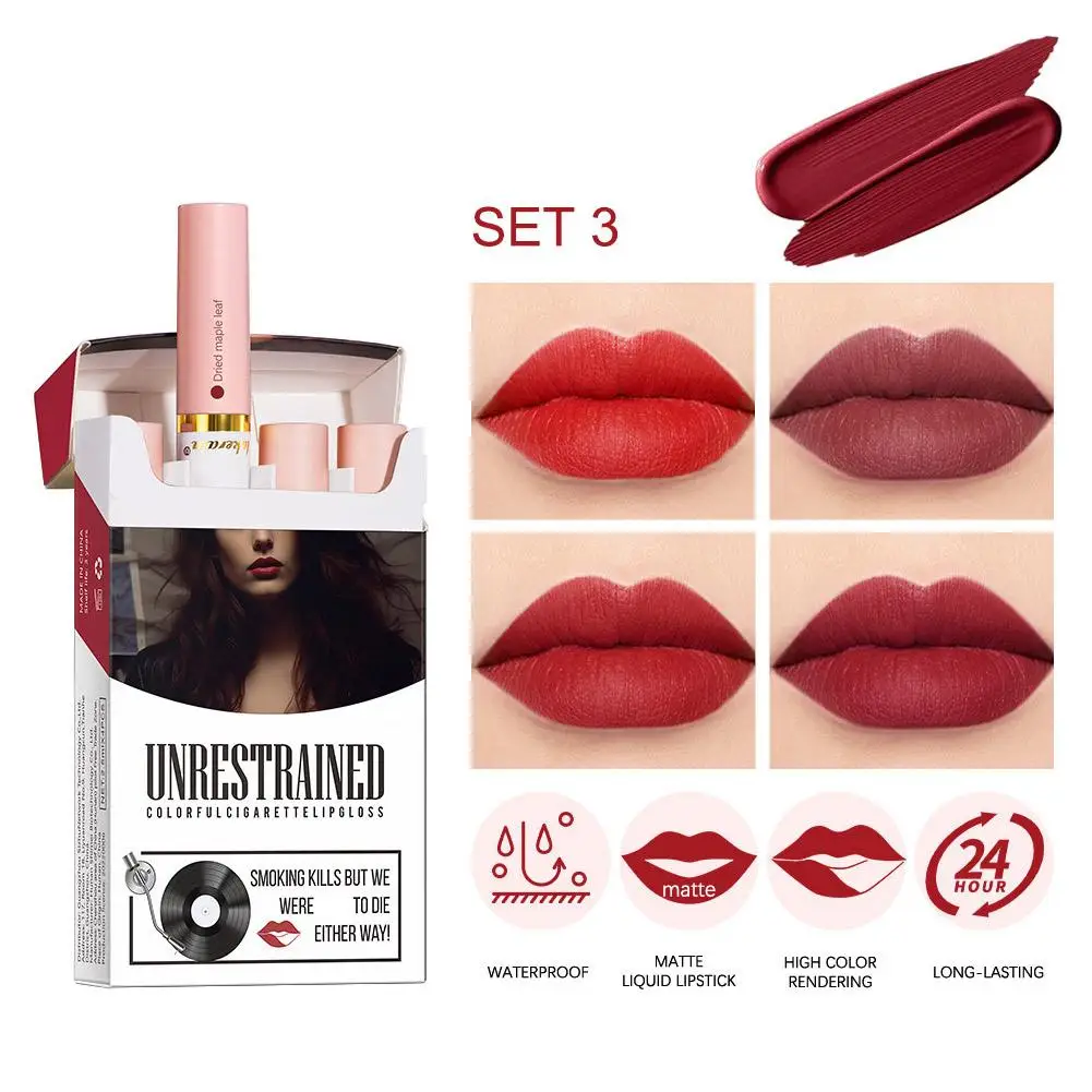 Criativo Cigarro Batom, Brilho labial fosco, esmalte labial de longa duração, impermeável Lip Stick Tube, Nude Red Lip Tint Make, 4 pcs por conjunto