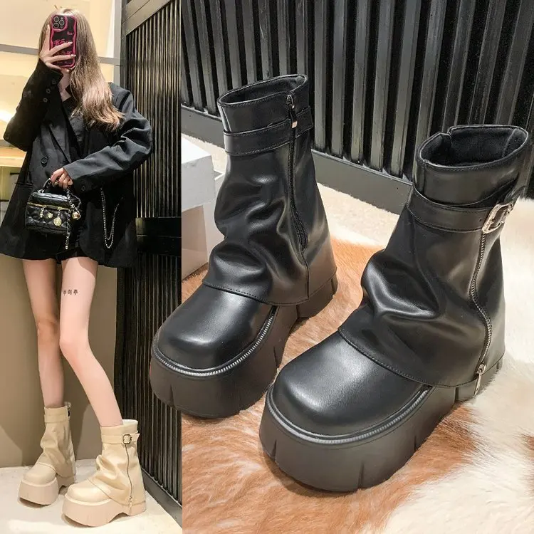 Women's Boots 2026 Autumn New Product Thick Bottom Sponge Cake Bottom Anti Slip High Help Women's Solid Color Short Boots