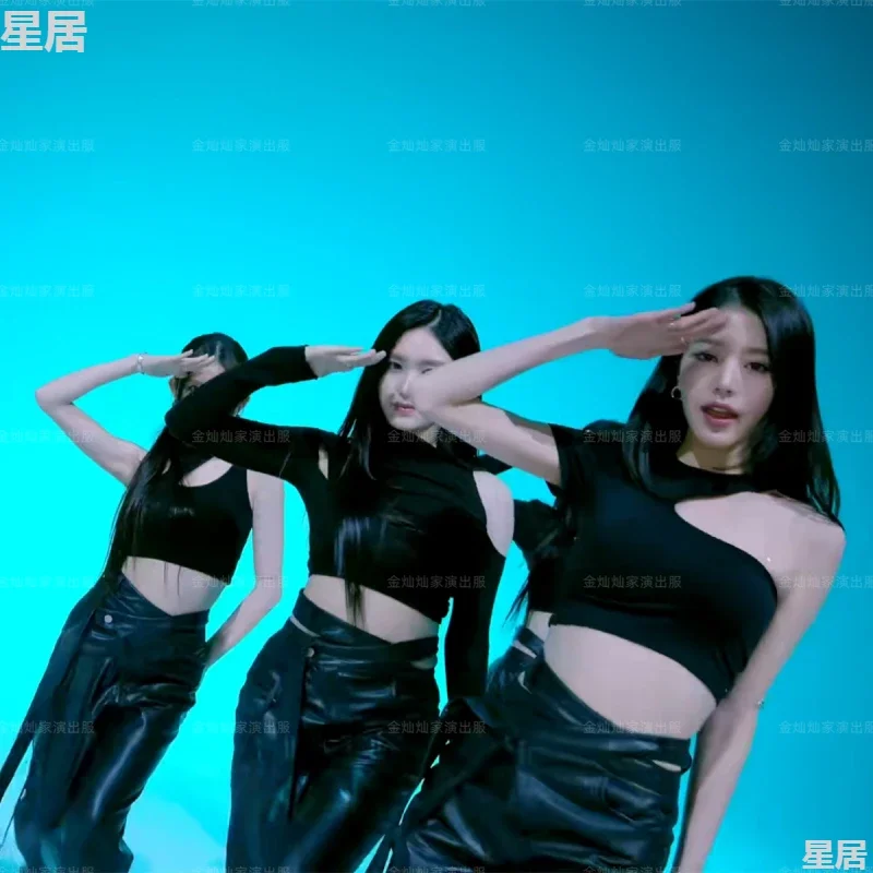 Kpop Women Group Street Dance T-shirt slim Crop Top Pantaloni in pelle Costume di scena Femal Festival Rave Wear Abiti da concerto sexy