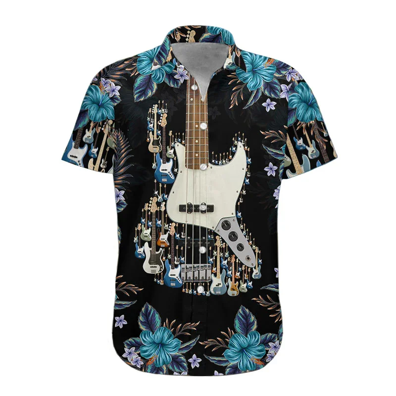 

New men's guitar patterned shirt with short sleeved collar 3D printed Harajuku music enthusiast men's double breasted shirt top