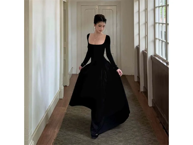 프렌치 빈티지 긴 소매 스퀘어 칼라 드레스 슬림 웨이스트 디자인 가을 신상 우아한 여성 미디 드레스 풀 슬리브