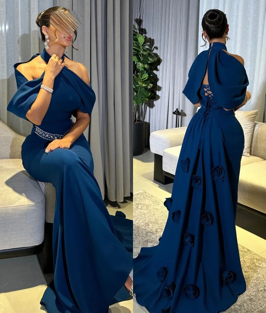 

Индивидуальное высокое качество Джерси Русалка с открытыми плечами Кристалл 3D цветы Вечернее платье Модные вечерние платья с высоким воротником