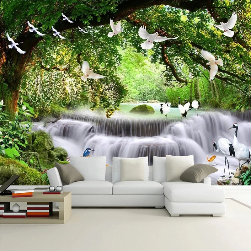 Paisagem natural Custom 3D Photo Wallpaper, Floresta Verde, Cachoeira Aves, Grande Mural, Sala de estar, Fundo do quarto, Wall Decor