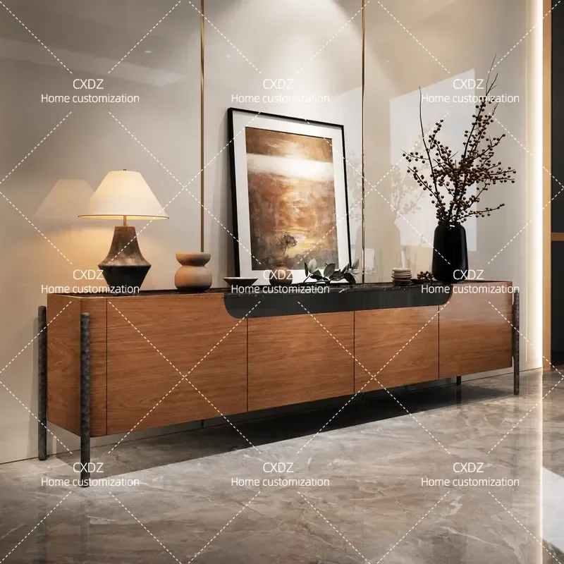 Retro Marble TV Cabinet Floor to Ceiling Solid Wood Storage Locker for Living Room Villa High End Antique Style Media Console