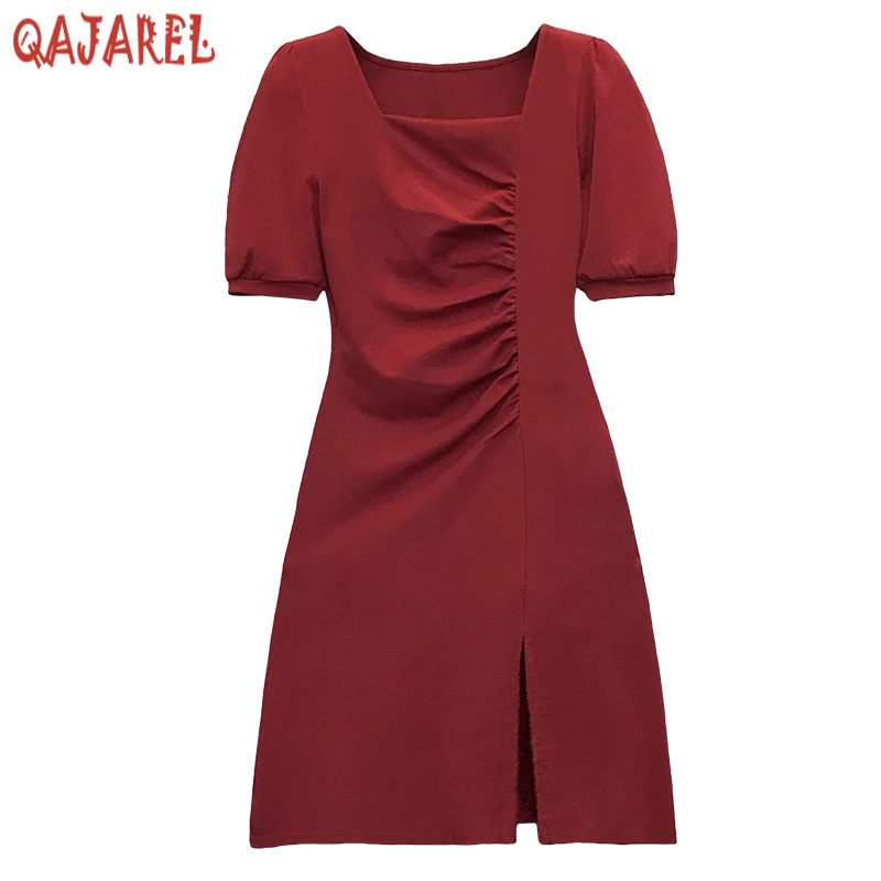 Vrouwen Rode Elegante Vierkante Kraag Mini Geplooide Jurk Zomer Korte Mouw Bodycon Office Lady Jurk 2024 Zwarte Koreaanse Vintage Jurk