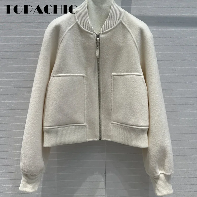 7.24 TOPACHIC-FemaleTemperament Double-Side Cashmere Jacket Ribbed Spliced Stand Collar Big Pocket Zipper Short Outerwear