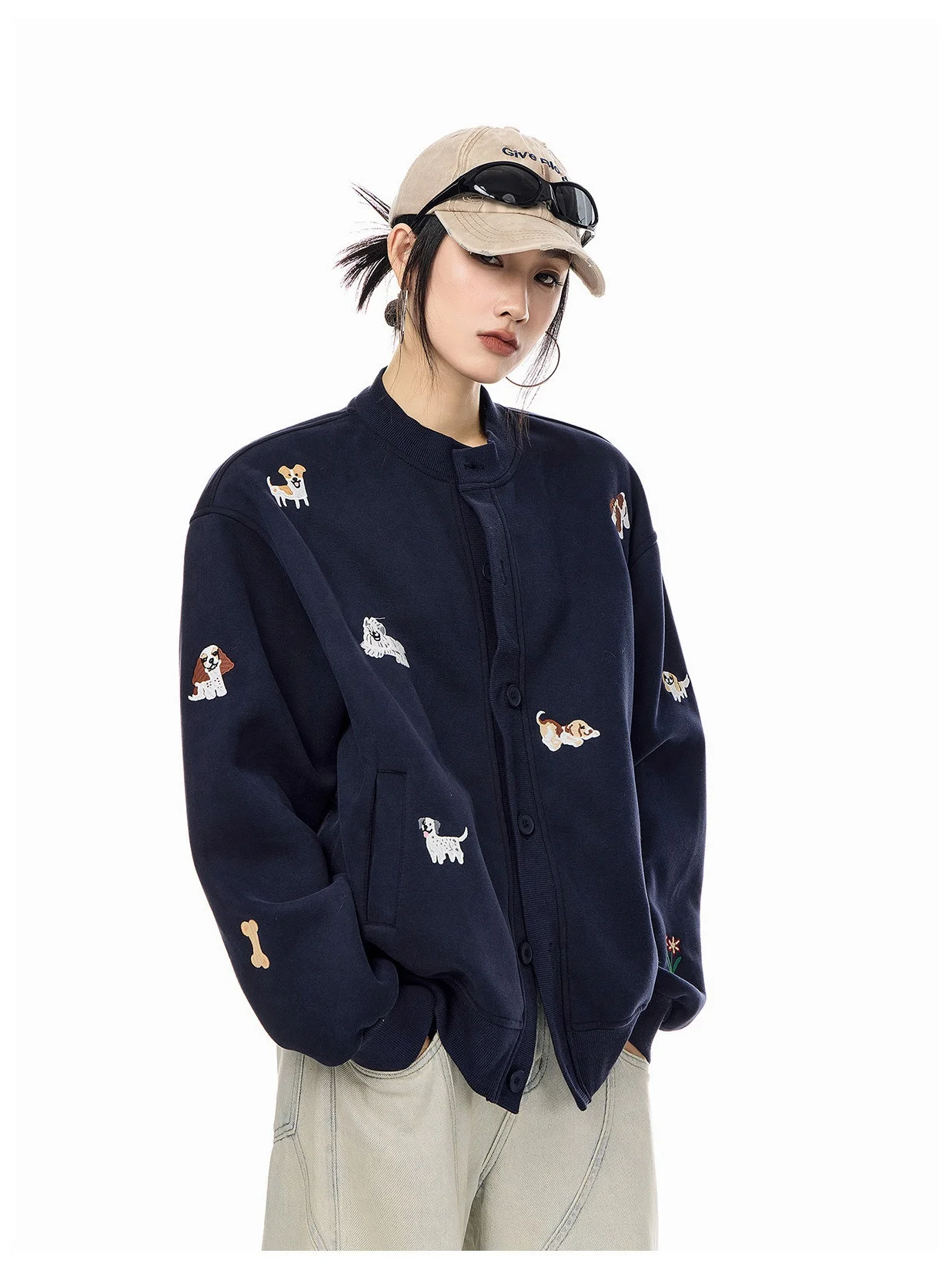 Ich Mode American Retro Dog Embroidery Baseball Collar Jacket Women's Autumn Winter Sweatshirt Open Cardigan Top Short Outerwear