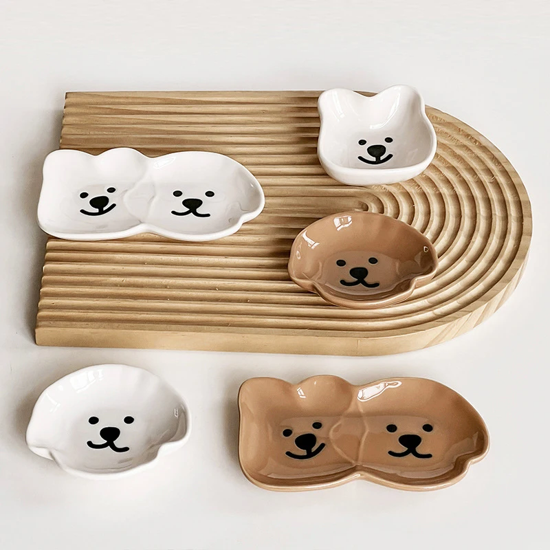 Adorable Ceramic Sauce Dish With Cute Dog & Bear Design - Single/Double Compartment Dip Bowl For Condiments, Snacks, Sushi, Soy