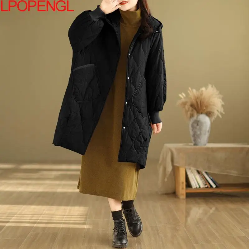 Fashion Women Winter New Mid-length Single Breasted Down Cotton Jacket Korean Loose Hooded Warm Rhombic Wide-waisted Coat