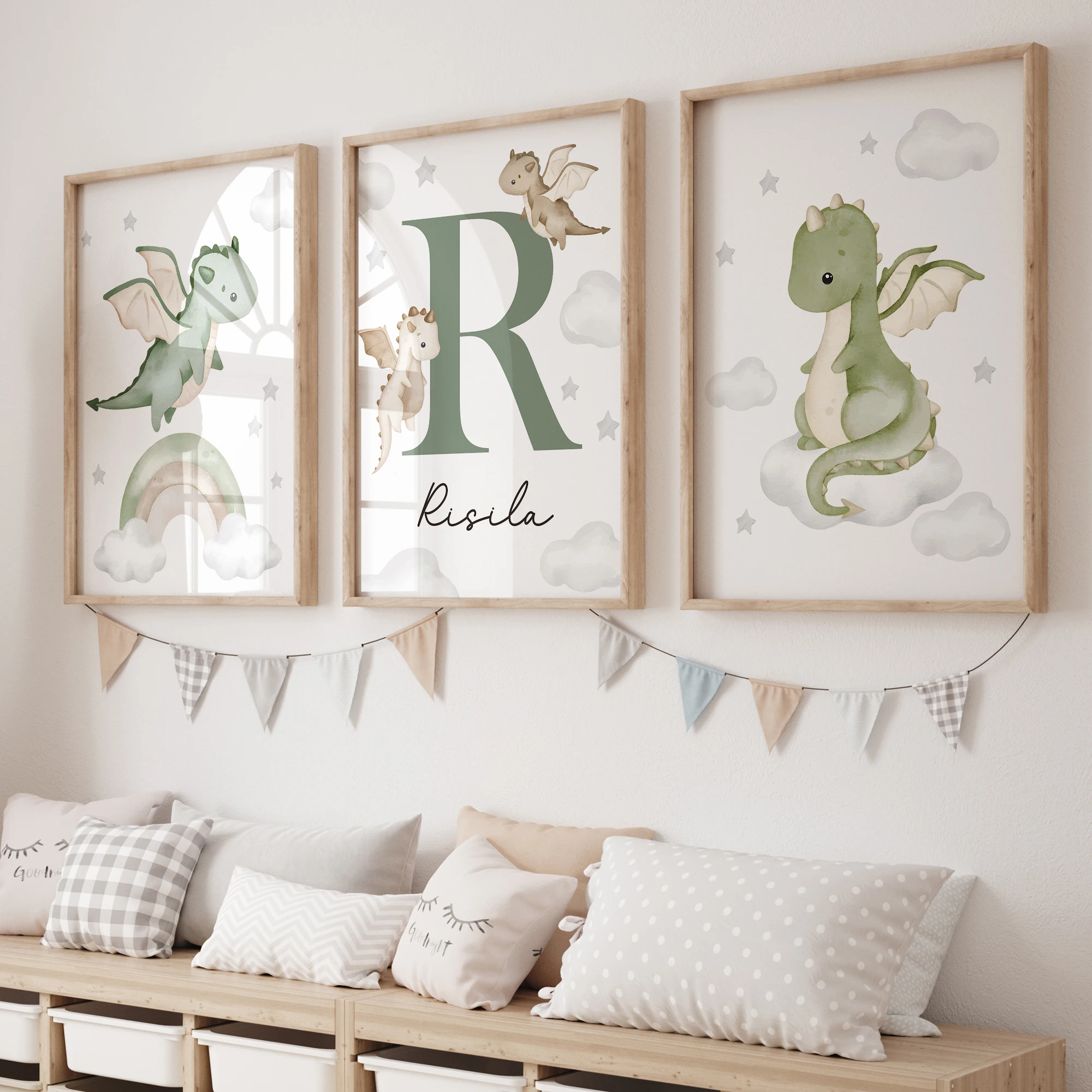 3pcs Personalized Custom Name Cartoon Animal Dinosaur Wall Art Print Picture Canvas Poster Painting Living Room Home Decor