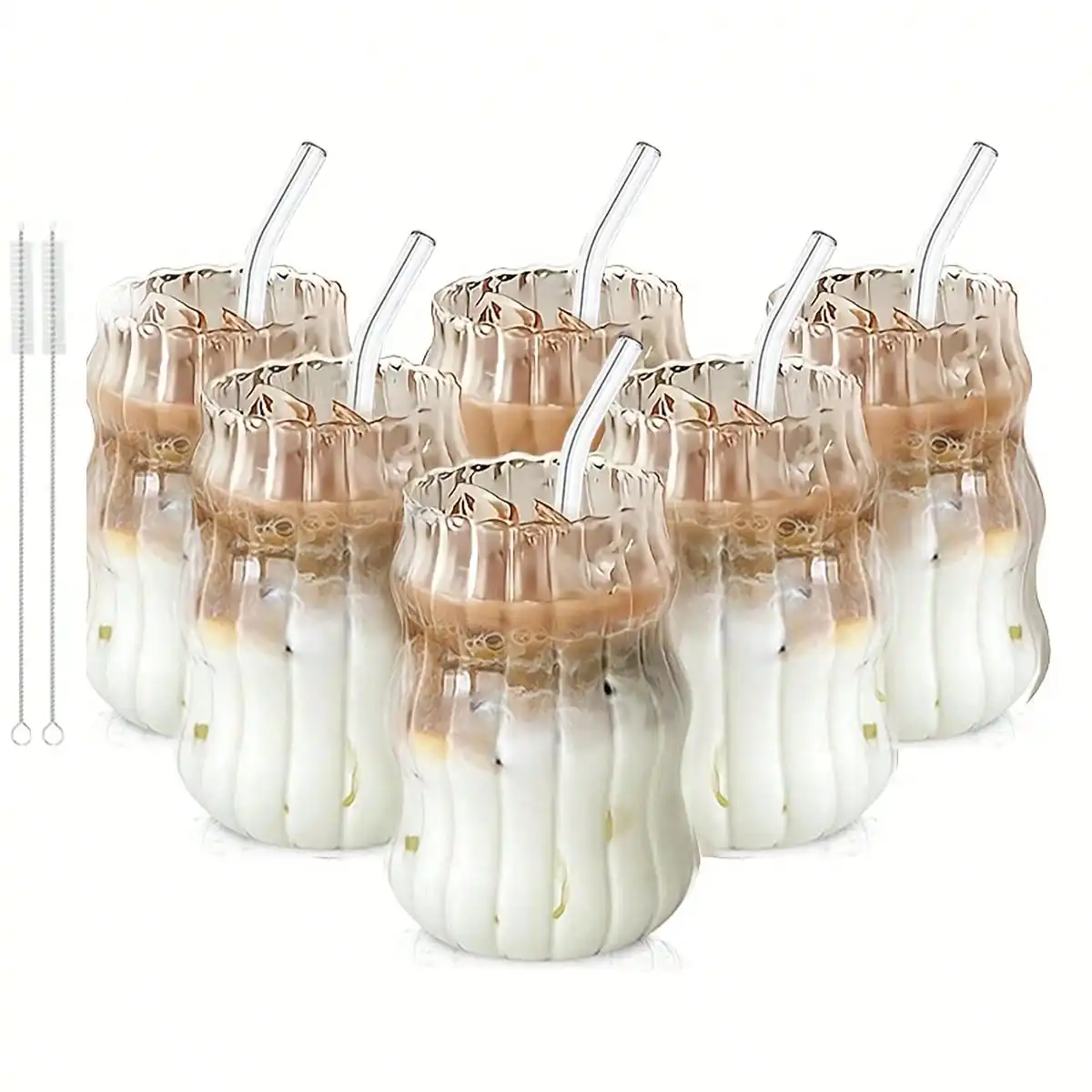 6 Pack Iced Coffee Glass Cups Modern Wavy Ribbed Glass Tumbler 18 OZ With Straws Aesthetic Origami Drinking Glasses For Matcha Smoothie Juice Cafe Home Kitchen Office Christmas Housewarming Gift