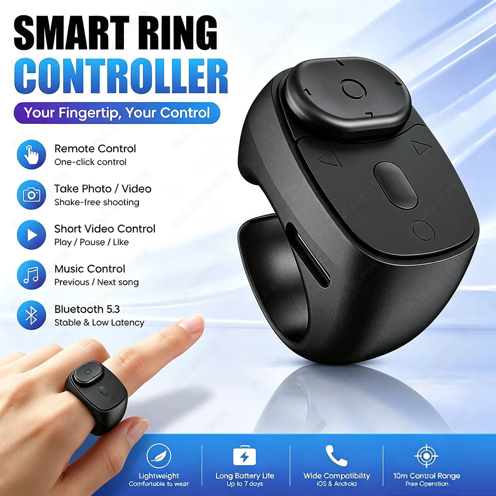 Cell Phone Scrolling Ring Wireless Finger Shutter Remote Control Page Turner Mobile Phone Controller Bluetooth For Travel R12
