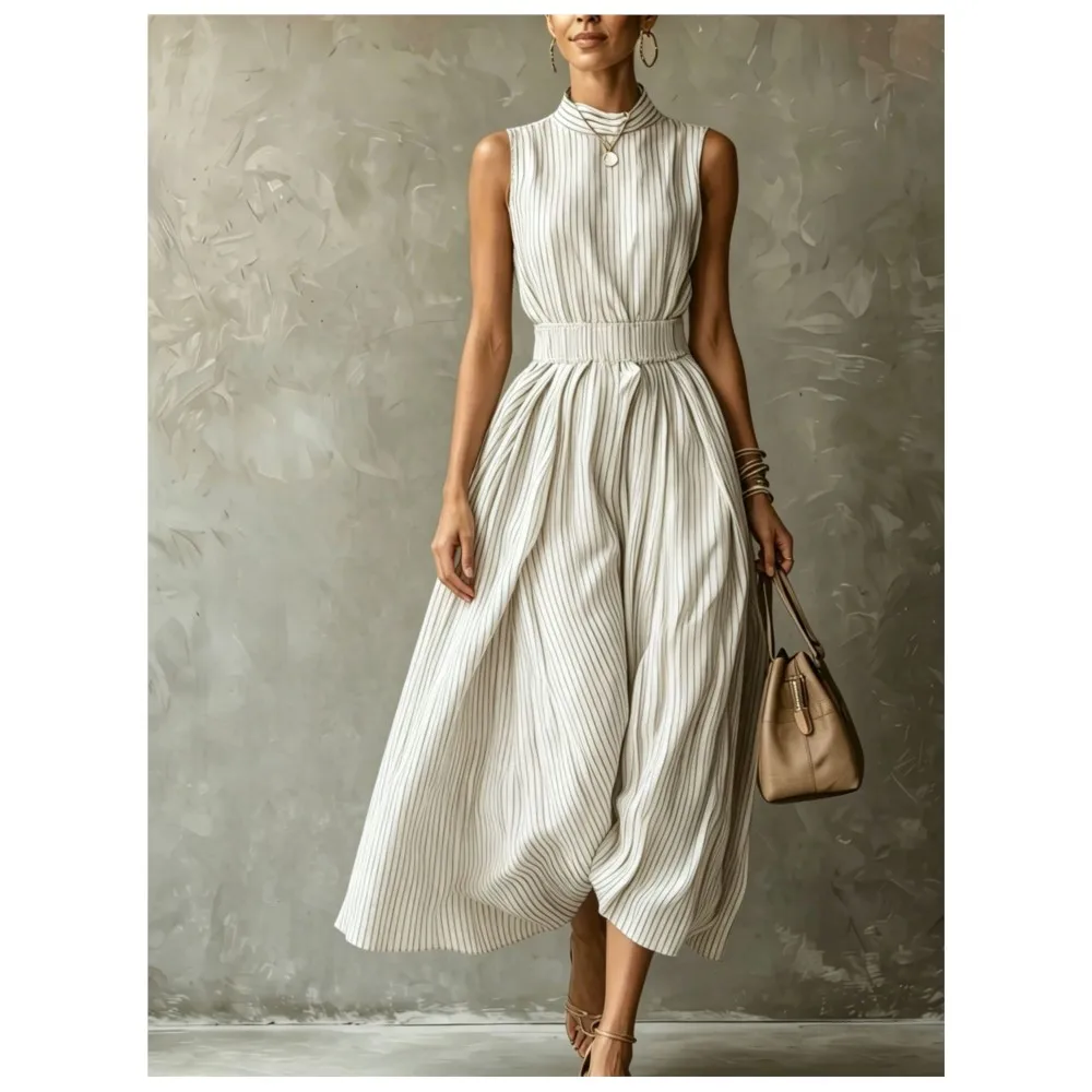 Fashion Half Turtle Collar Sleeveless Striped Elegant Women's Dress Summer New Female Waist Swing Vacation Dresses 2026